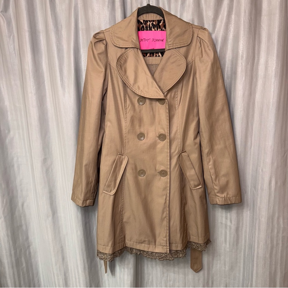 Betsey Johnson Tan Trench Coat with Lace Trim size Medium